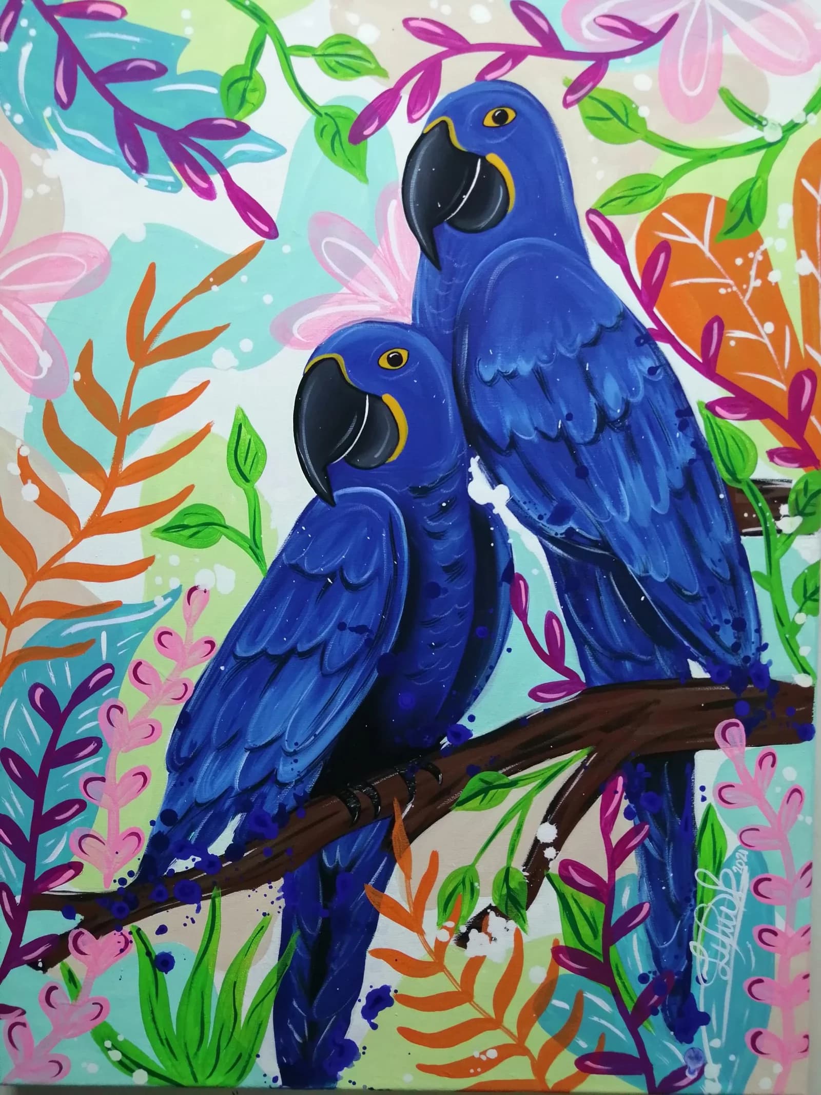 Cuadro decorativo guacamayos azules